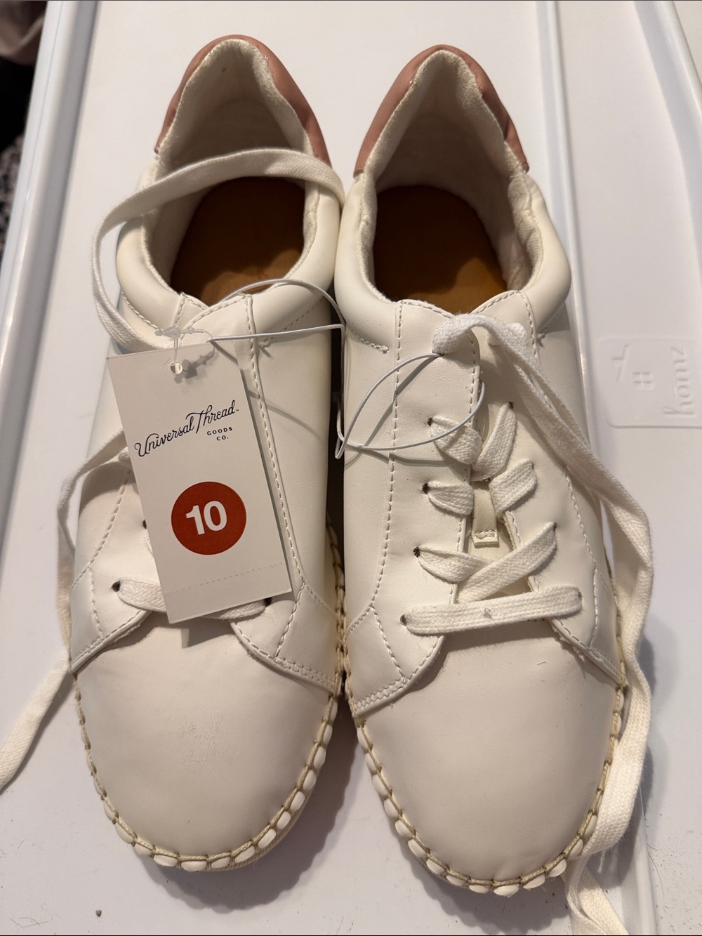 Universal Thread White Leather Sneakers with Pink Heel Accent